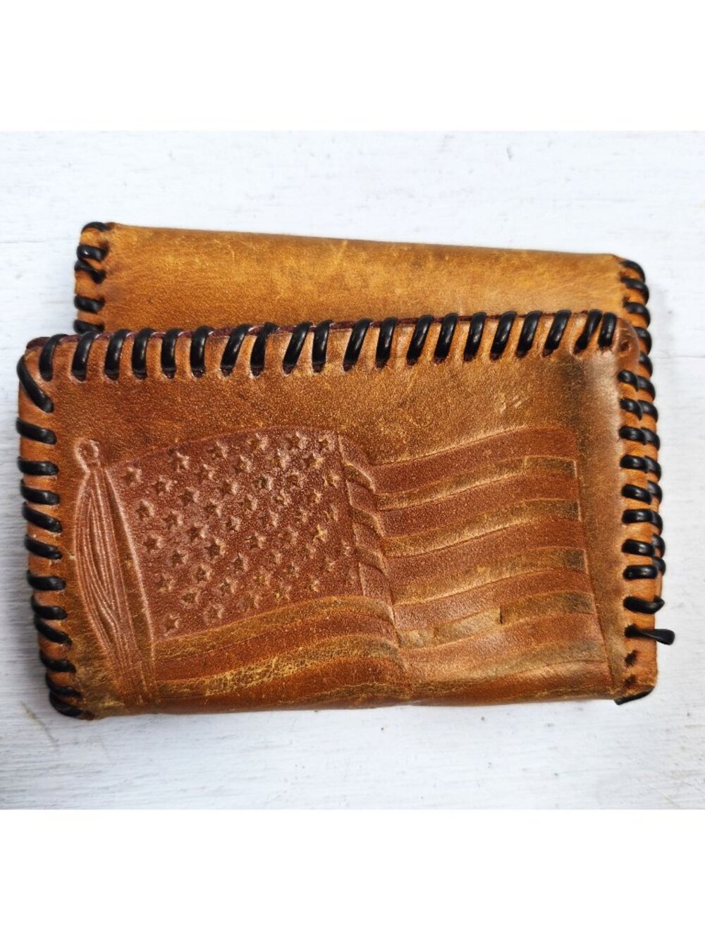 Vintage Leather Wallet Tooled Flag Proud to be an American Veteran Whip Stitch